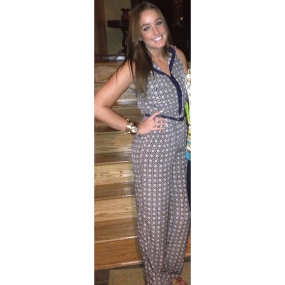 Belted Taupe and Navy Patterned Jumpsuit - Picture 2 of 4